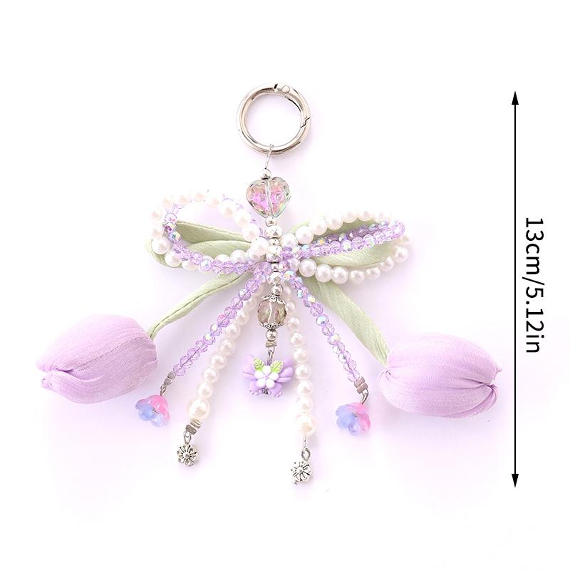 Ins Style Tulip Flower Keychain Sweet Bow Beaded Keyring Bag Pendant Earphone Case Hanging Decoration For Girls Gift