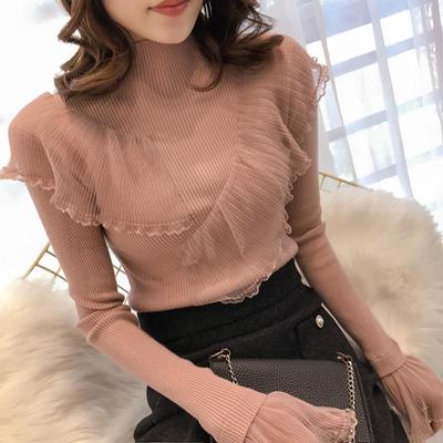 Lace Patchwork Ruffle Edge Sweater for Women In Autumn and Winter Half High Neck Slim Fit Knitted Base Top for Women