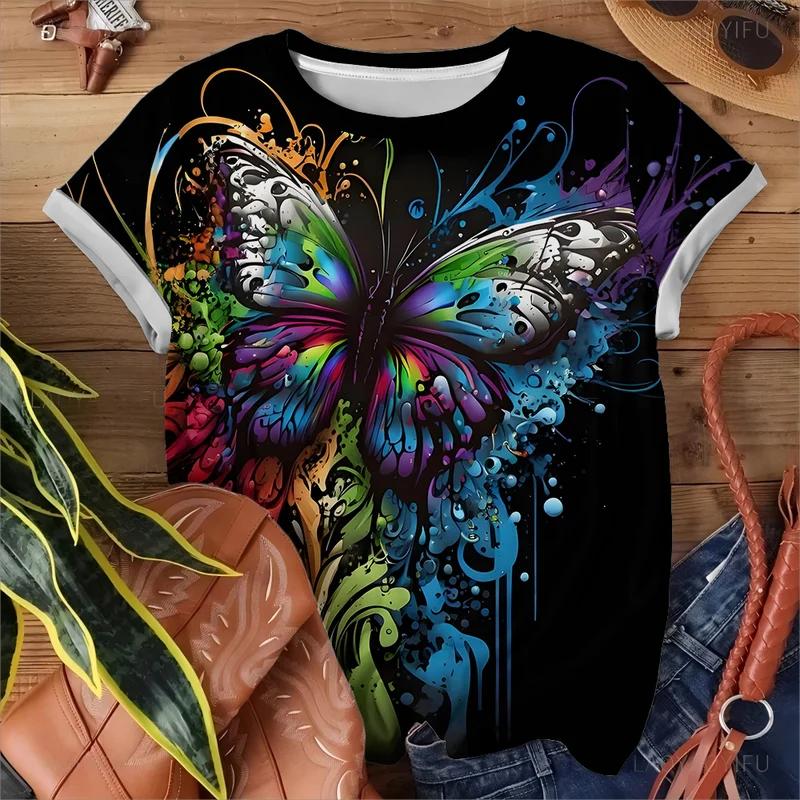Summer Round Neck 3D Colorful Art Butterfly Pattern Print Top Fashionable Casual Short Sleeved Women's T-shirts