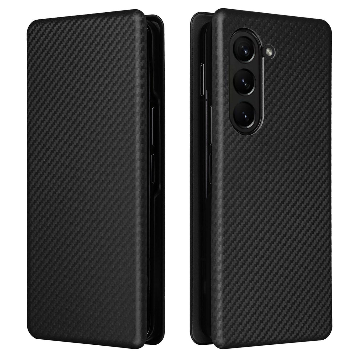 

For Samsung Galaxy Z Fold5 5G Carbon Fiber Texture Card Holder Case Leather Stand Anti-drop Phone Cover Black