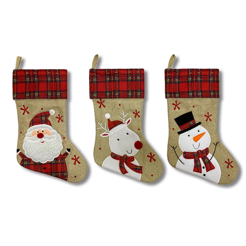 Christmas stockings old man snowman elk brown linen plaid Christmas gift stockings decorative candy bag