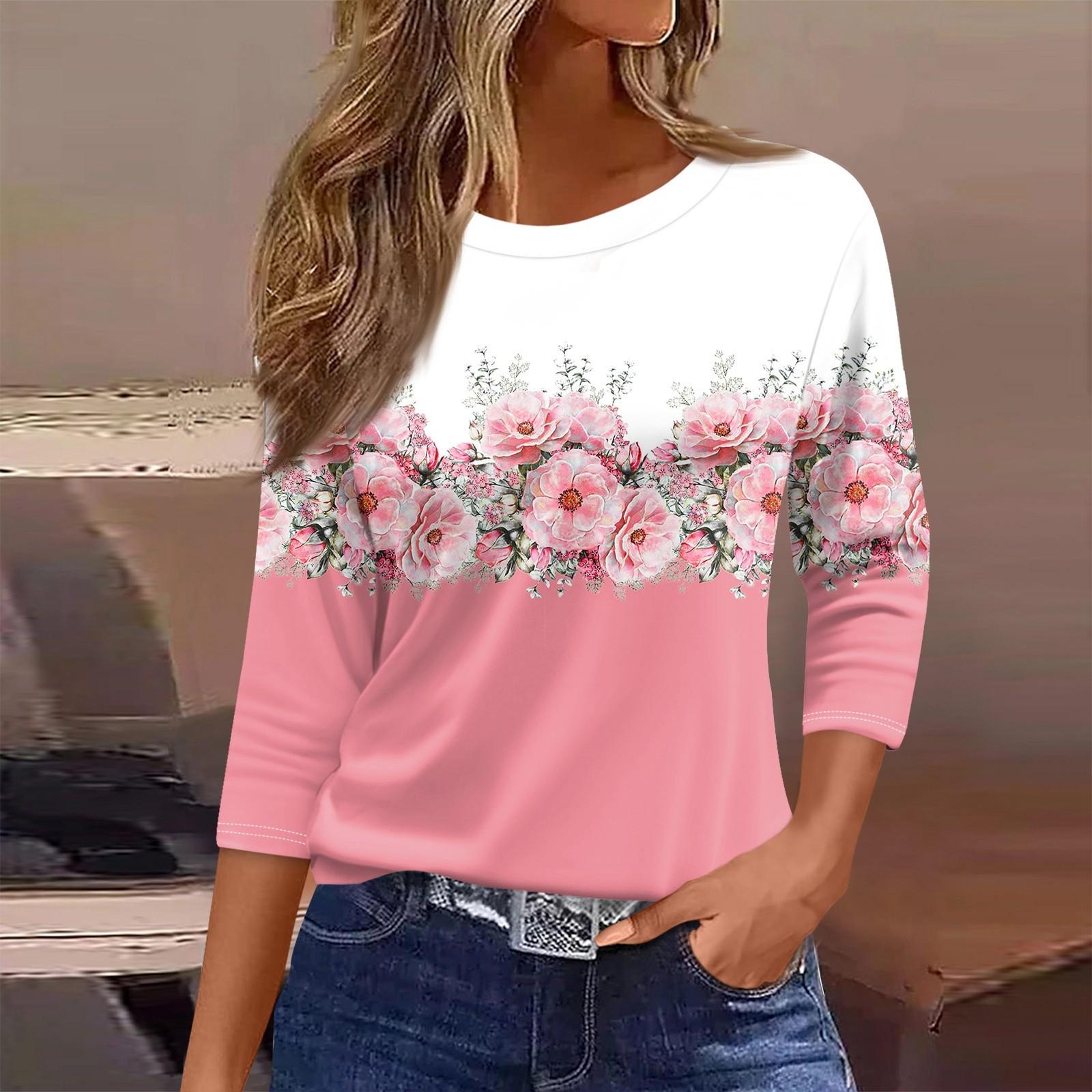 

Жіноча футболка Модна повсякденна футболка з круглим вирізом і 3/4 рукавами Вільна футболка з принтом Жіночий топ M рожевий