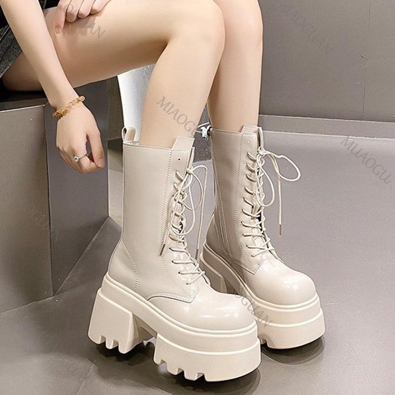 Women's Punk Platform Boots Autumn Spring New Gothic Leather Mid-Calf Boots Lace-Up Chunky High Heel Streetwear Motorcycle Botas