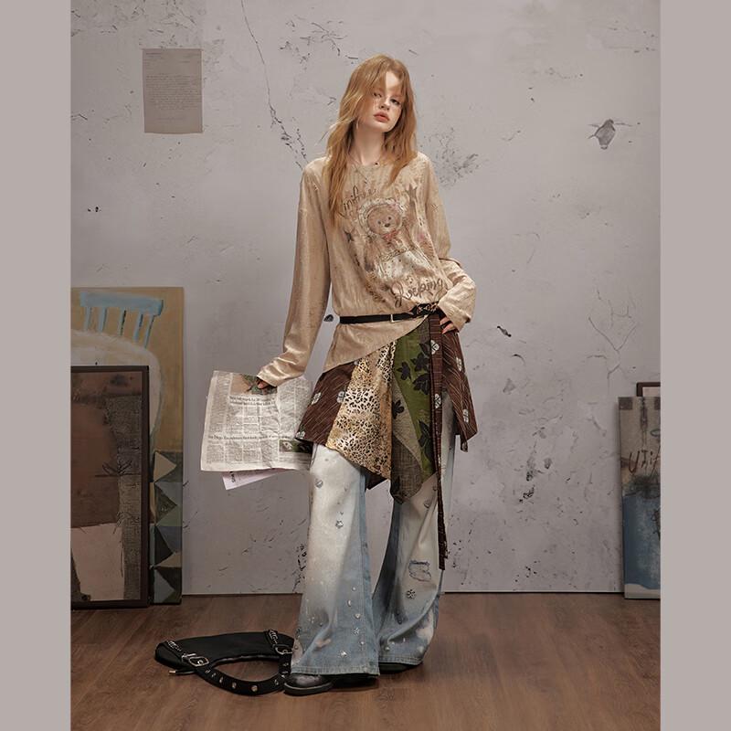 unifree American Style Chain Print Distressed Wide-Leg Denim Jeans