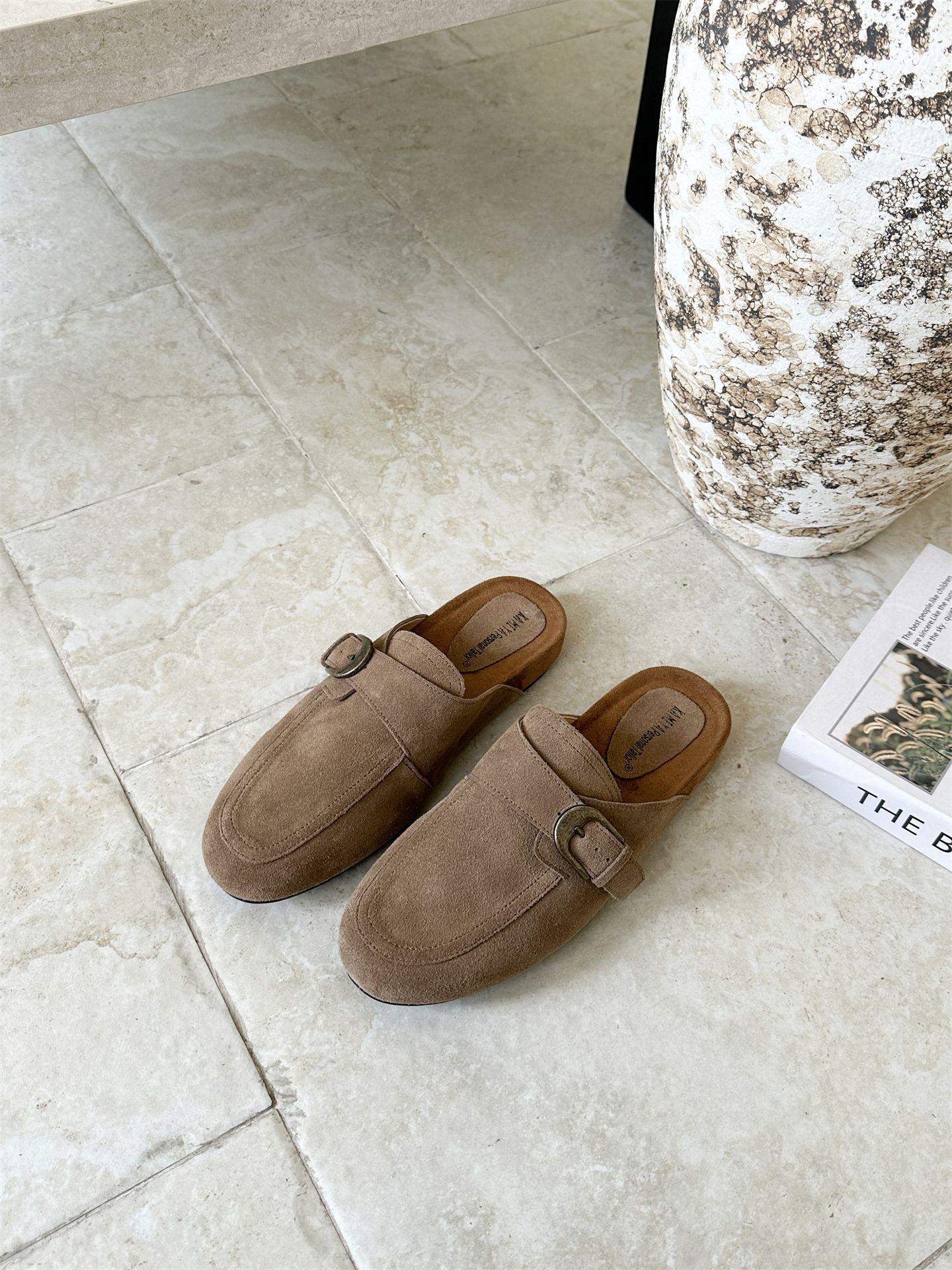 

120-9~ Baotou Half Slippers Women S Shoes Wear Platform French Retro Leather Shoes 40 верблюд