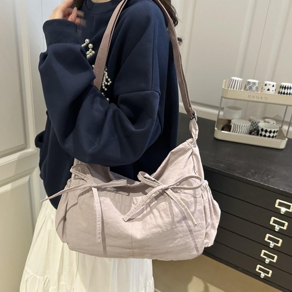 Pleated Nylon Shoulder Bag Multiple Pockets Hobo Bag Sweet Bow Crossbody Bag Women