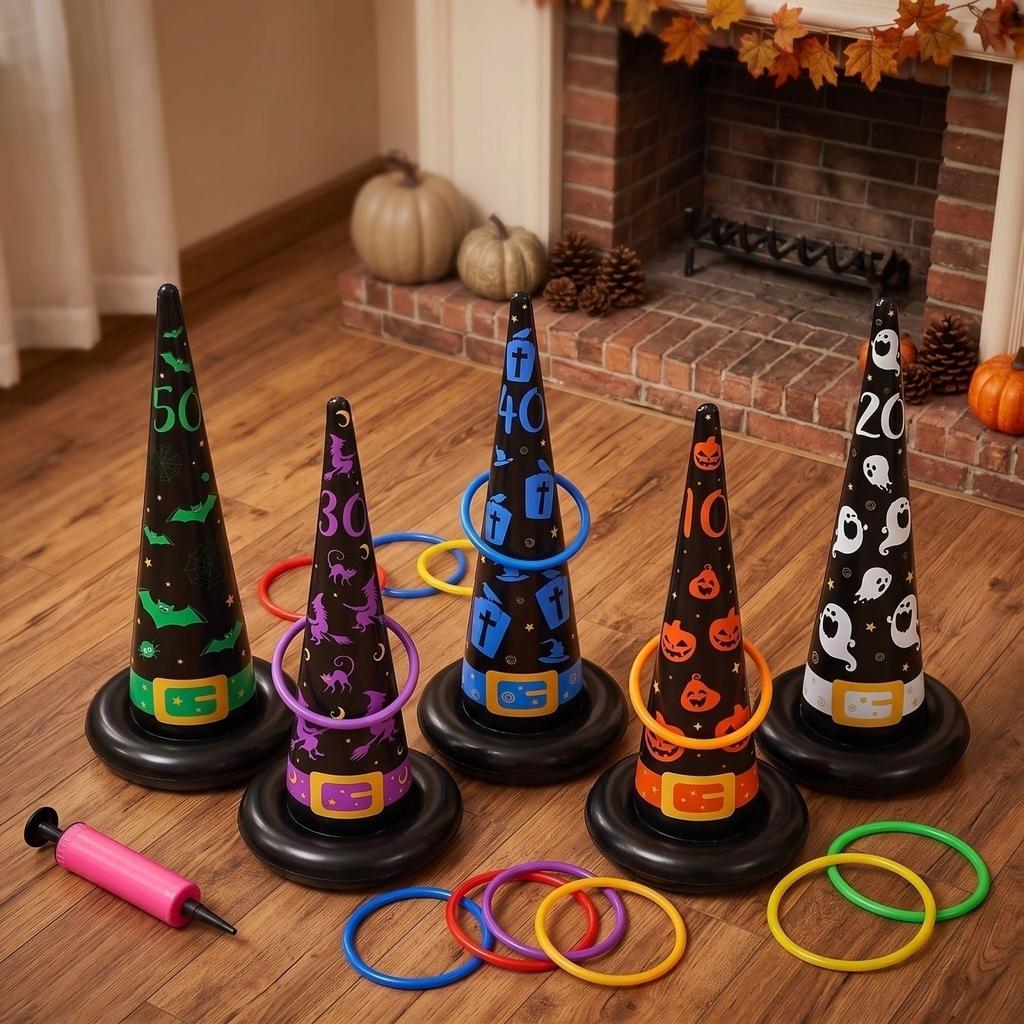 Inflatable Witch Hat Set - Halloween with 5 Witch Hats & 10 Plastic Rings for Kids Family Indoor Outdoor Party Activity