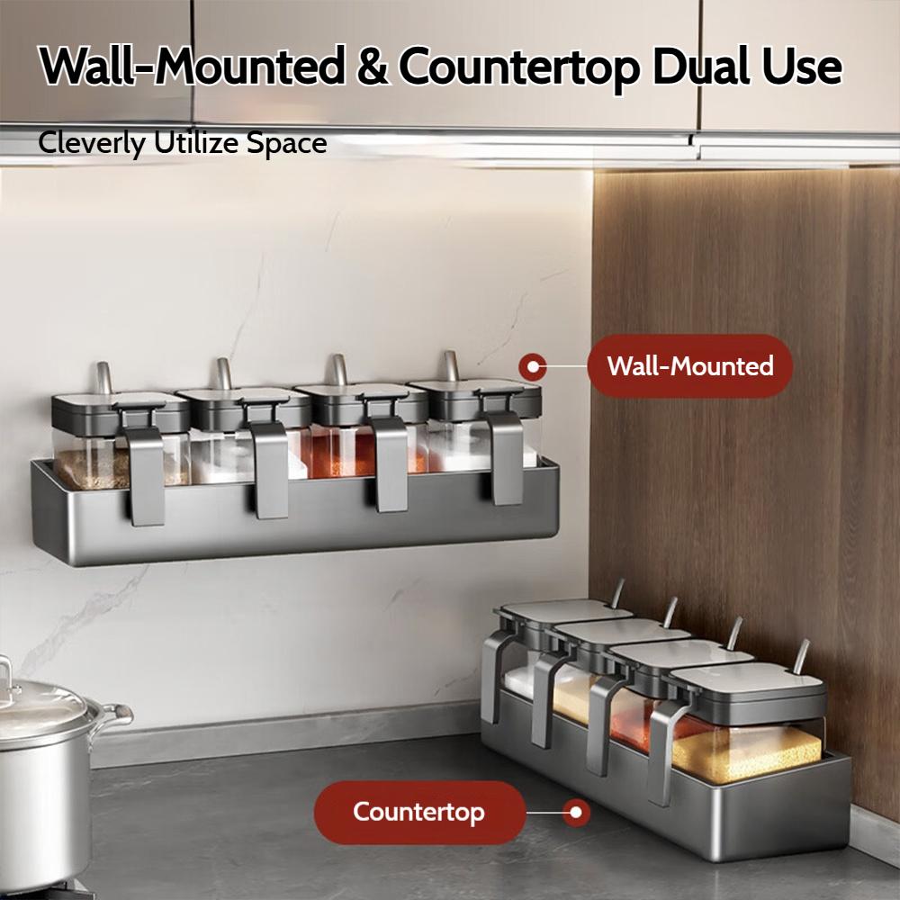 Grey Wall-Mounted Kitchen Spice Rack Kitchen Storage Rack Household Multifunctional Carbon Steel Storage Box Kitchen Accessories