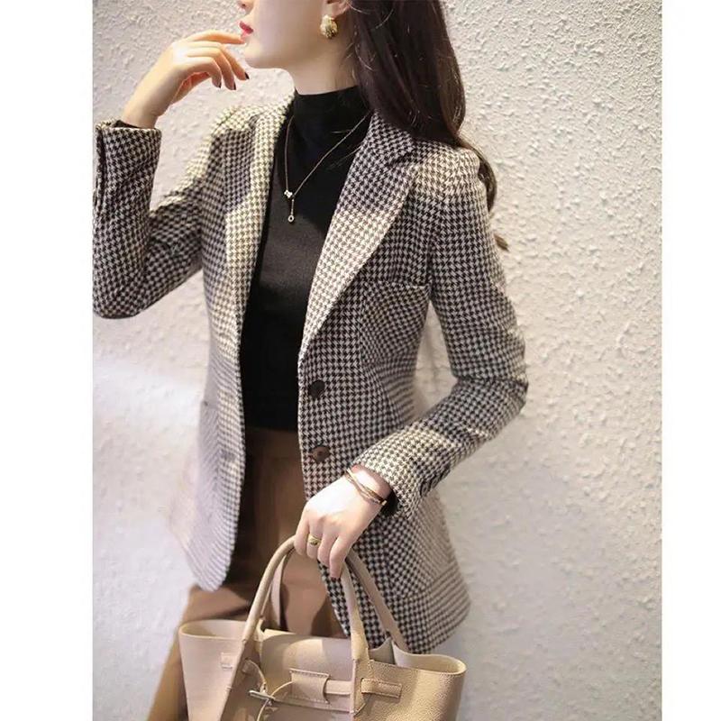 Double Breasted Women Blazer Warm Woolen Fabric Casual Mid Length Coat Slim Commuting Office Lady Spring Autumn