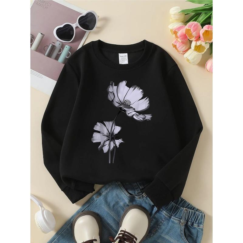Kids Unisex Crewneck Sweatshirt, Minimalist Gray Poppy Flower Art Print Soft Fleece Pullover For Kids Over 4 Years Old