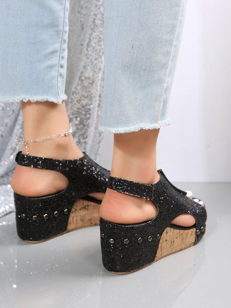 Roman Sandals Women Sequins Flat Slope Heel Thick Bottom Sandals Ladies
