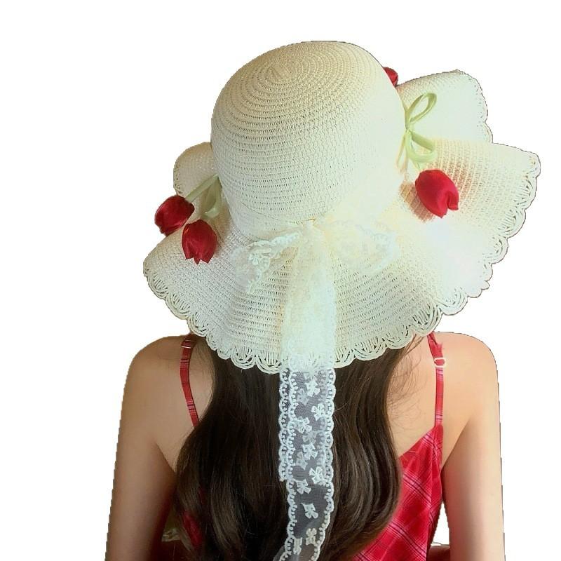 Brim Lace Sunscreen Seaside Hat Beach Sun Hat Ladies Shade Straw Hat Summer Flower Shade Hat