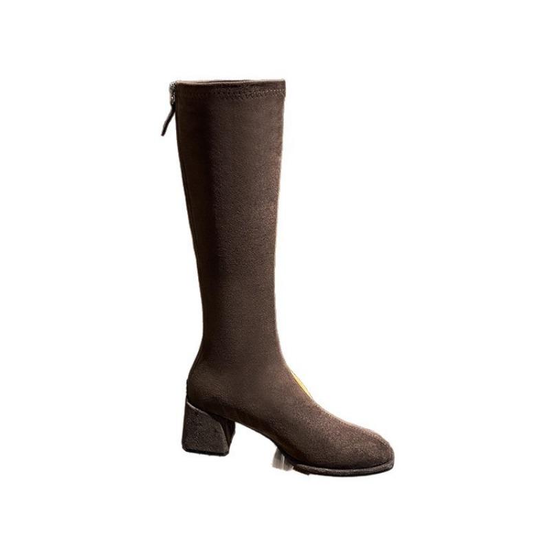 Selected square head suede but knee boots women's autumn new thick heel thin retro middle heel