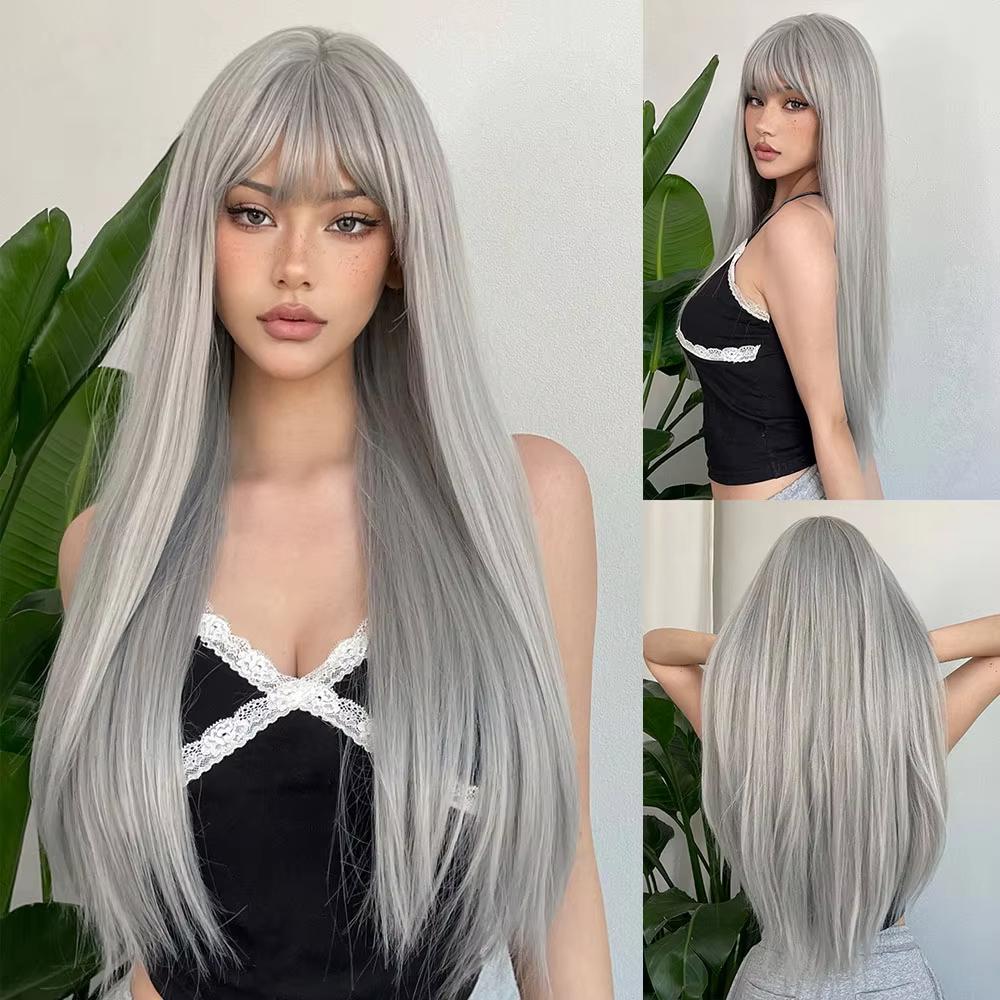 White Long Straight Synthetic Wigs for Women Colorful Cosplay Party Fake Hair with Bangs White Wig HighTemperature