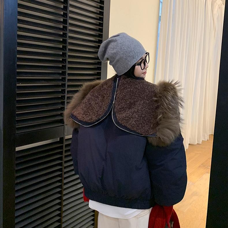 Korean Style Women Hooded Short Coat Horn Buttons Big Fur Collar Winter Warm Thickened Workwear Jacket