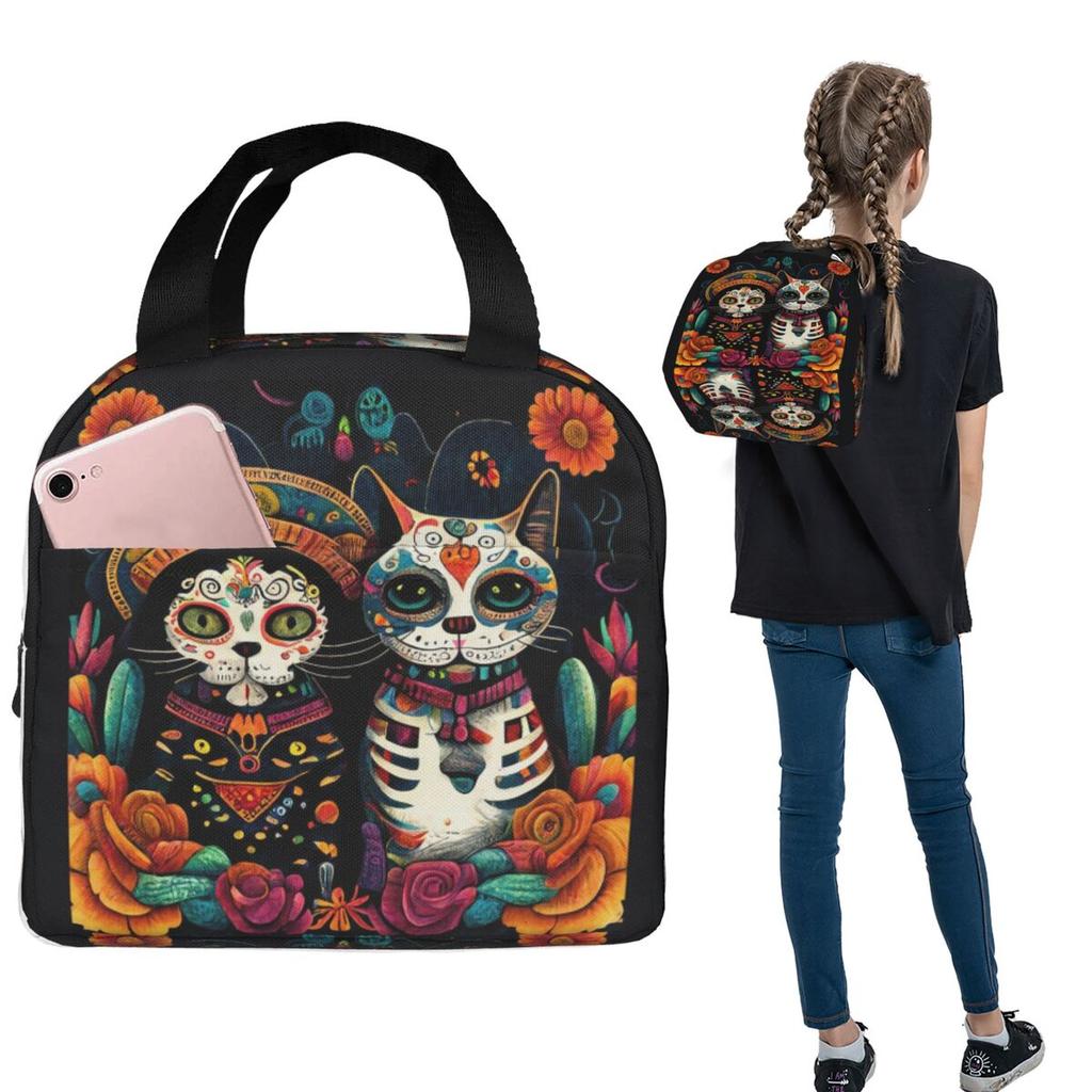 Day Of The Dead Kitten Cat Sugar Skull Dia De Los Muertos Insulated Lunch Bag Women Children Food Boxes Thermal Lunch Box Tote