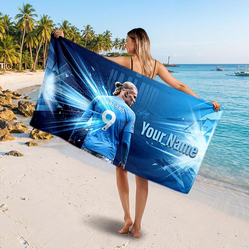 Erling Haaland Custom Beach Towel, Personalized Name Text Print, Football Logo Soft Quick‑Dry Towel Holiday Gift