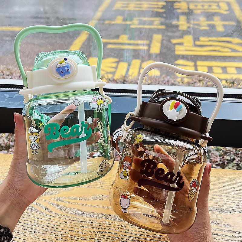 Water bottle summer cute student double drink straw plastic cup large capacity fashion big belly water cup children