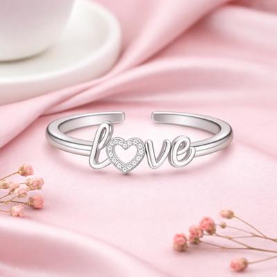 Heart Love Script Open Adjustable Ring – 925 Sterling Silver