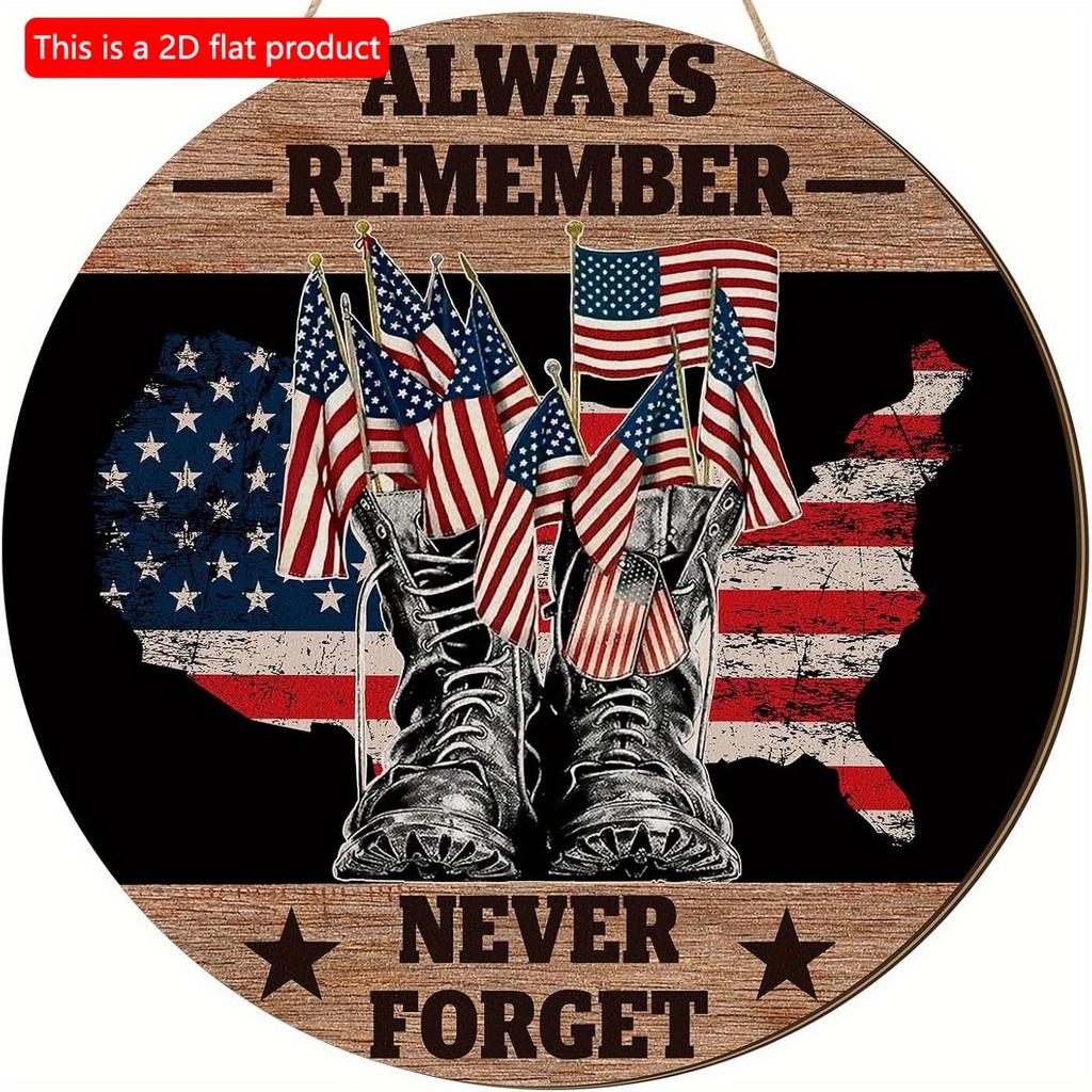 2D Flat 20*20cm1pc Always Remember Never Forget 4th of July Warrior Shoes and Flag Pattern Wooden Hanging Door Decor, USA Independence Day Patriotic