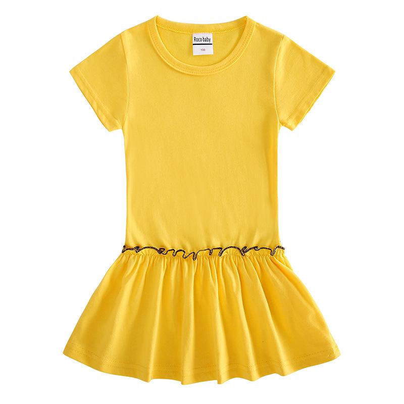 Korean Summer Cartoon Pleated Dress for Girls - Short Sleeve Color Block Skirt Style