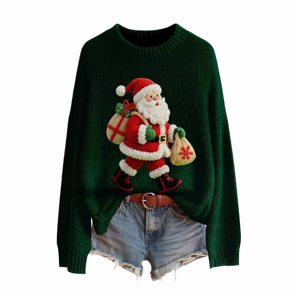 Women's Fashion Christmas Print Pullover Long-Sleeve  Neck Knit Sweater Top