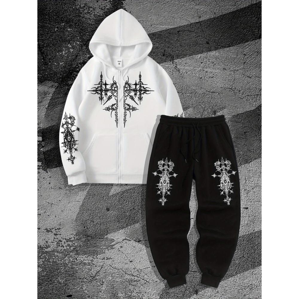 Street Style Cool Męski Zestaw Podstawowy, Męska Bluza z Kapturem na Zamek z Gotyckim Ciemnym Nadrukiem i Spodnie Dresowe Dwuczęściowy Zestaw