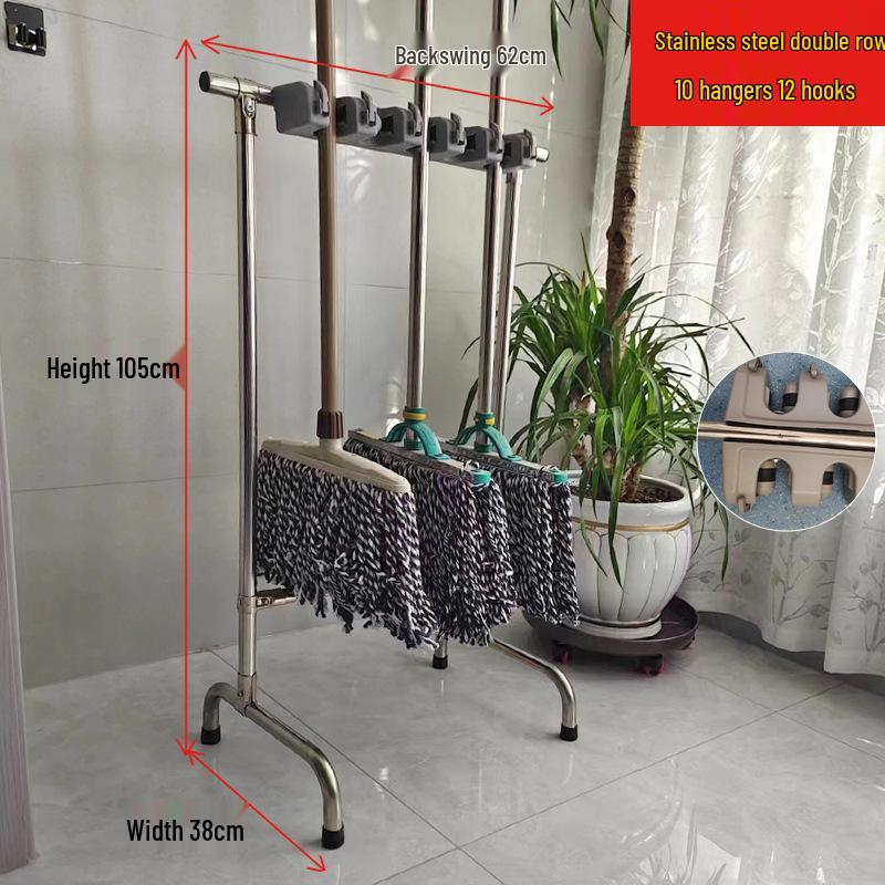 Movable Stainless Steel Mop & Broom Hanger - Floor-Standing Punch-Free Storage Rack for Balcony & Bathroom
