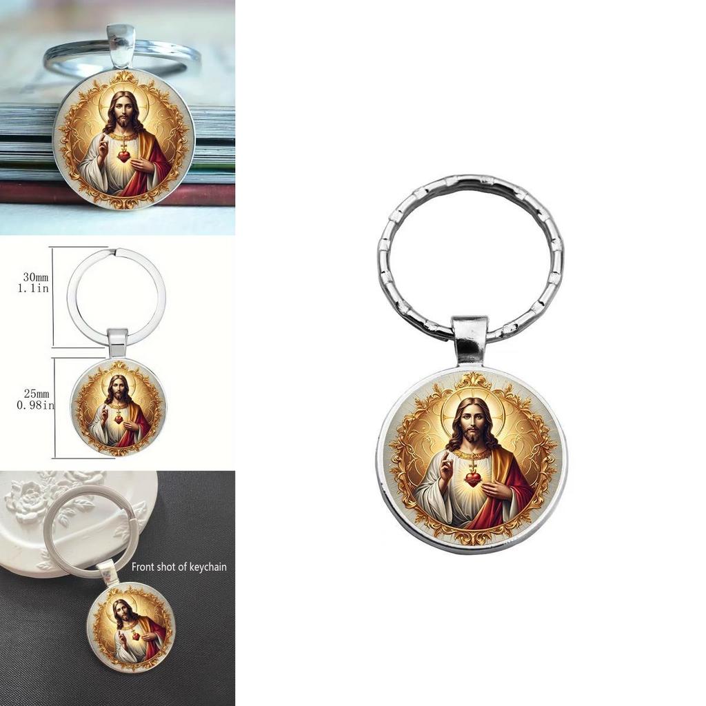 Jesus Character Heart Glass Keyring With Alloy Decor For Party Gifts Celebration