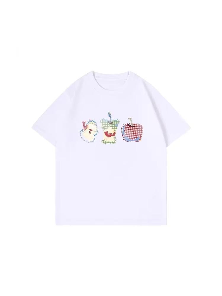 Korean Sweet Girl Aesthetic Vintage Gingham Fruit Apple Print Loose Oversized Black Short Sleeve T Shirt Unisex Daily Casual Top