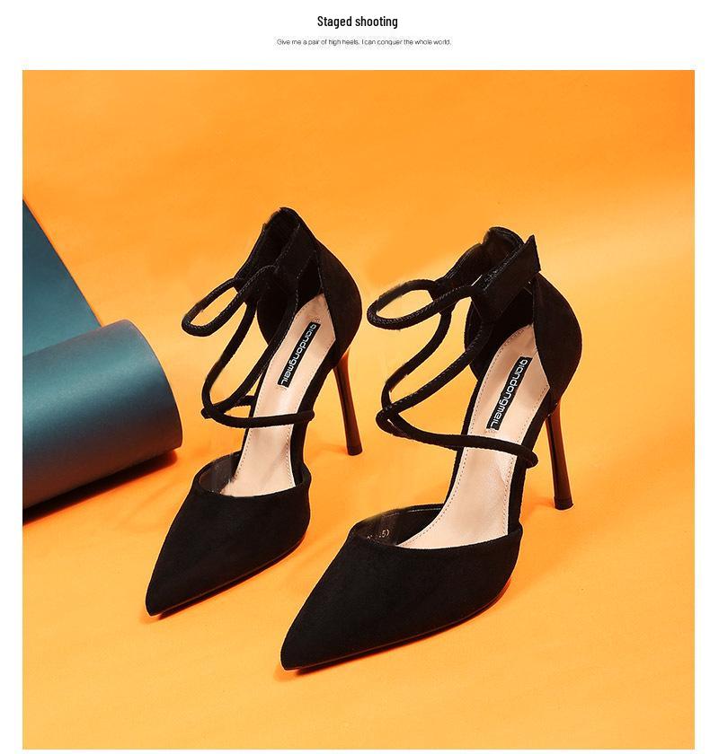 2021 Summer Suede Pointed Stiletto Heels with Ankle Strap - Women's Nightclub and Banquet Sandals