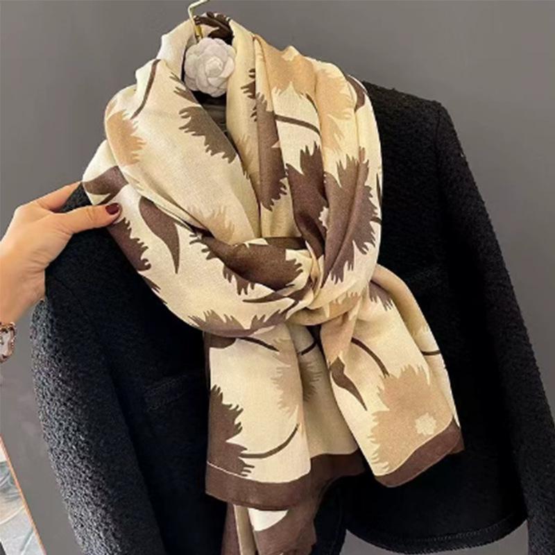Korean Style Floral Cotton Linen Scarf, Versatile Long Thin Shawl for Women