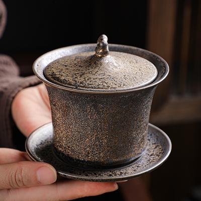 Bol à soupe couvert en glaçure rouillée créative Bol à couvercle en poterie brute de style japonais Tasse à thé en céramique avec couvercle et soucoupe Puer