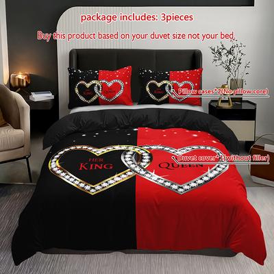 3Pcs King Queen Hearts Luxury Bedding Duvet Cover Set Couple Bedding Quilt Set Romantic Themed Bed Quilt Set Anniversary Bedroom