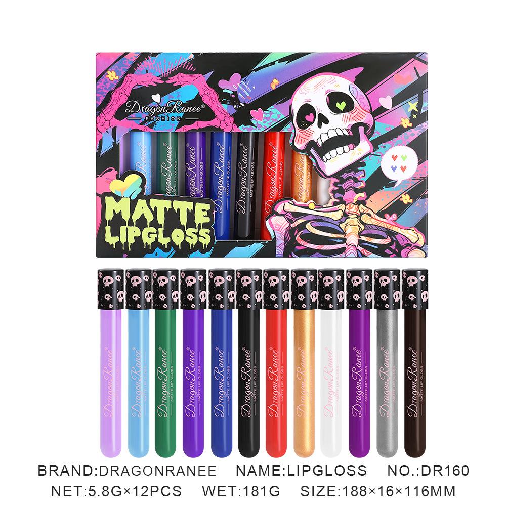 

Набор из 12 блесков для губ Dragon Ranee на Хэллоуин - Матовые помады вампирского оливково-черного и фиолетового цветов для креативного макияжа DR160 12Color Skull Box