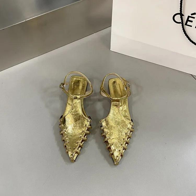Women's Flat Sandals Pointed Toe Weaving Hollow Leaking Heel Shoes Women Daily Summer French DressTemperament Designer Sandals