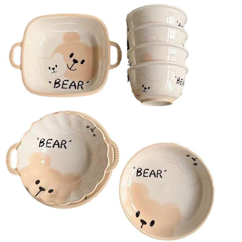 Cute Cream Ceramic Bowl & Plate Set: Stylish Underglaze Tableware for Rice & Veggies