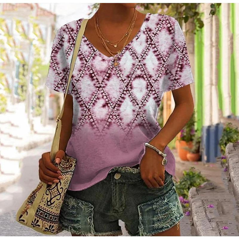 Retro Patchwork Damen T-Shirt Kariertes bedrucktes Top Damenbekleidung V-Ausschnitt Harajuku T-Shirt