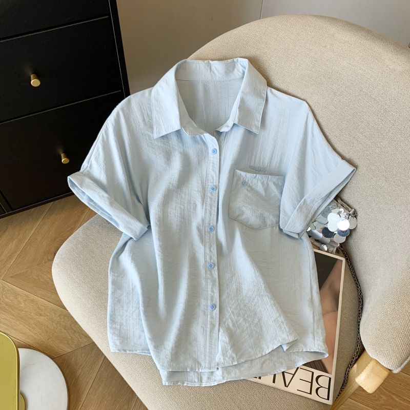 Korean Fashion Commuter Ol Loose Lapel Single-Breasted White Design Embroidered Shoulder Short Sleeve Shirts Top Women