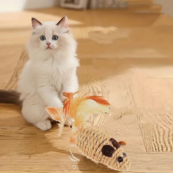 Natural Sisal Toy for Cats Handwoven Sisal Balls Mice Toys with Feather/Bell Interactive Cat Scratcher Chew Toy for Kitten Kicker