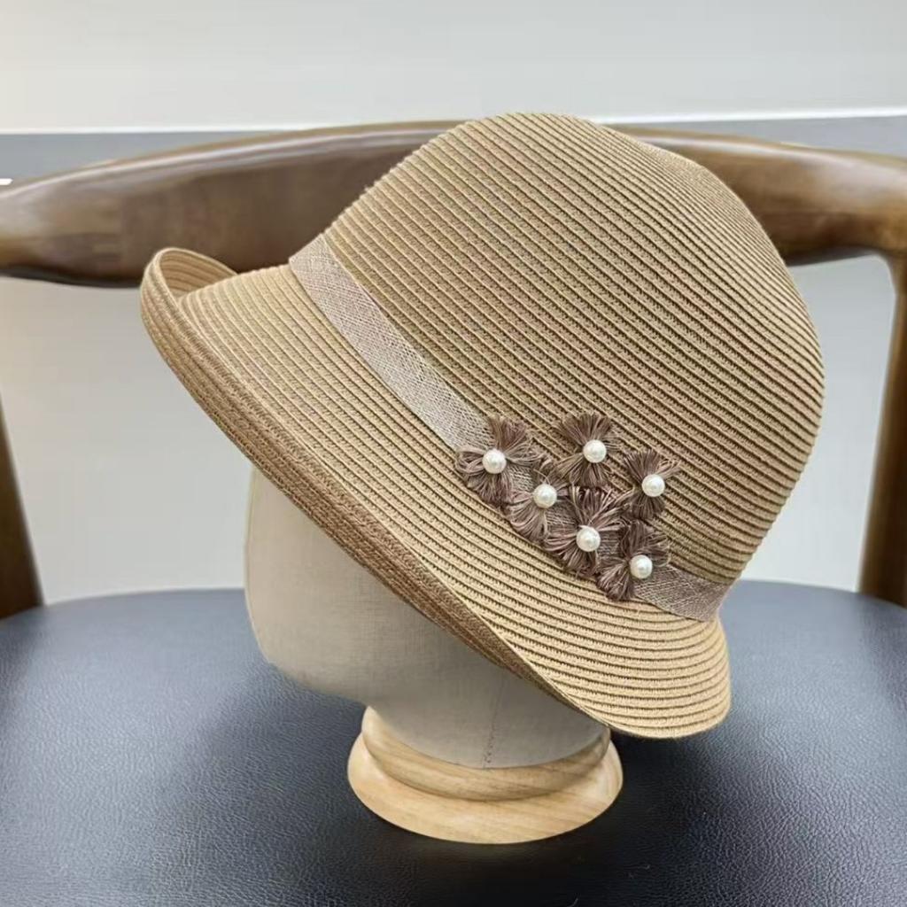 French handmade beads fine grass sunscreen bucket hat women's summer sunshade travel straw hat vacation travel elegant small pot hat