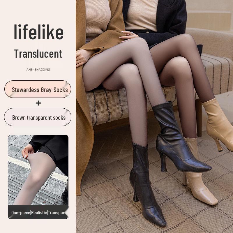 Grey-Black See-Through Base Layer Leggings with Fleece - Women’s Spring/Autumn/Winter Style for Bare Legs Look