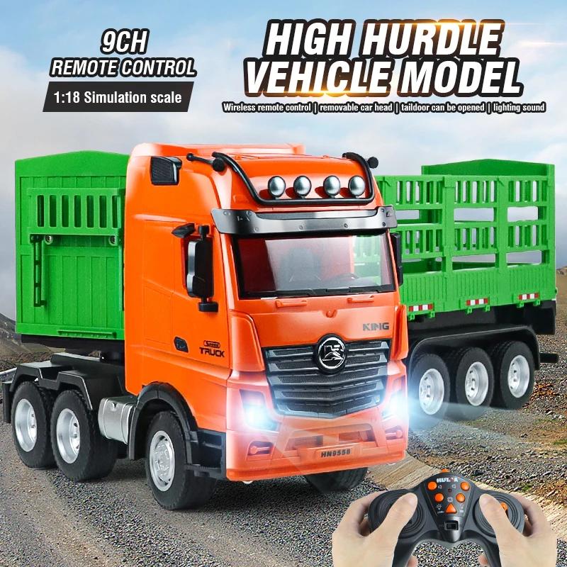 Huina 1/18 Rc High Hurdle Transporter Truck 9Ch Semi Trailer Sound Led Remote Control Rotation Engineering Vehicle Kids Toy Gift