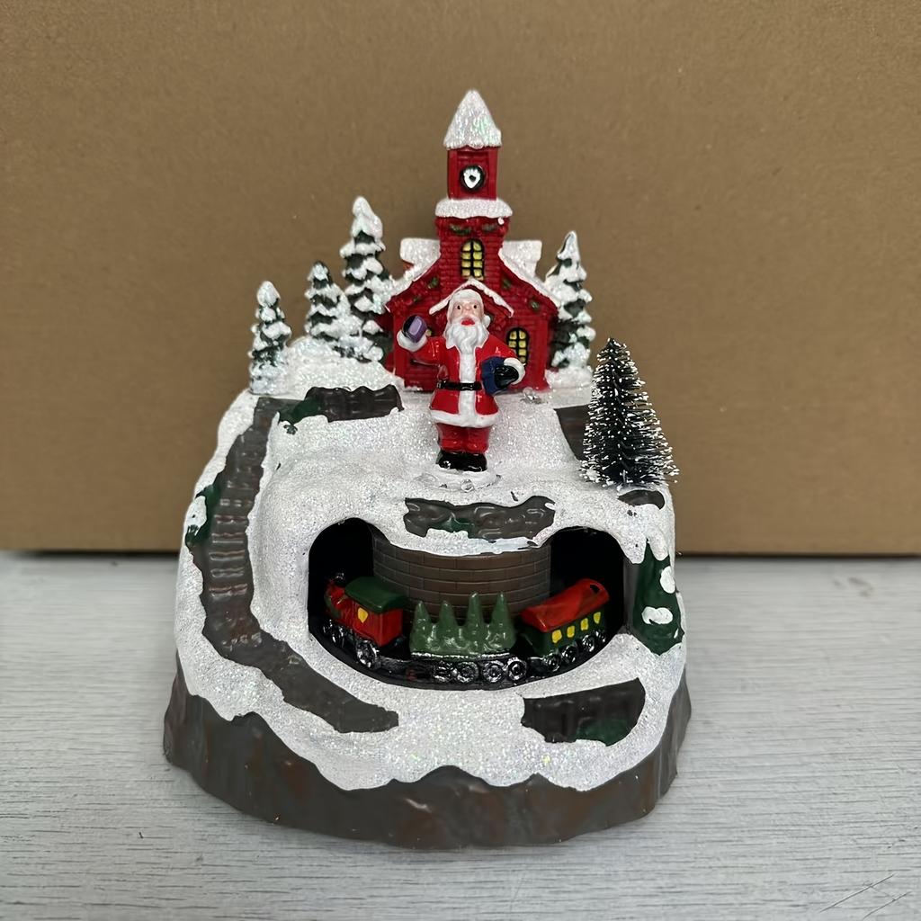 1pc Rotating Christmas Village Train House with LED-Lit Music Box - Resin Miniature Train Suitable for Tabletop Display,(No Batteries Included)