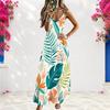 Women Plus Size V Neck Strappy Sleeveless Tropical Leaf Printed A Line Long Dress