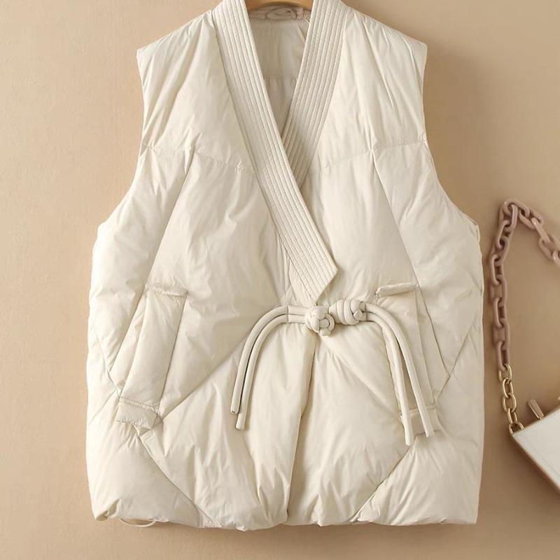 Autumn and Winter Light Down Cotton Clothes Vest Buckle Cross Neck Padded Cotton Vest Women's Retro Mother Winter Coat