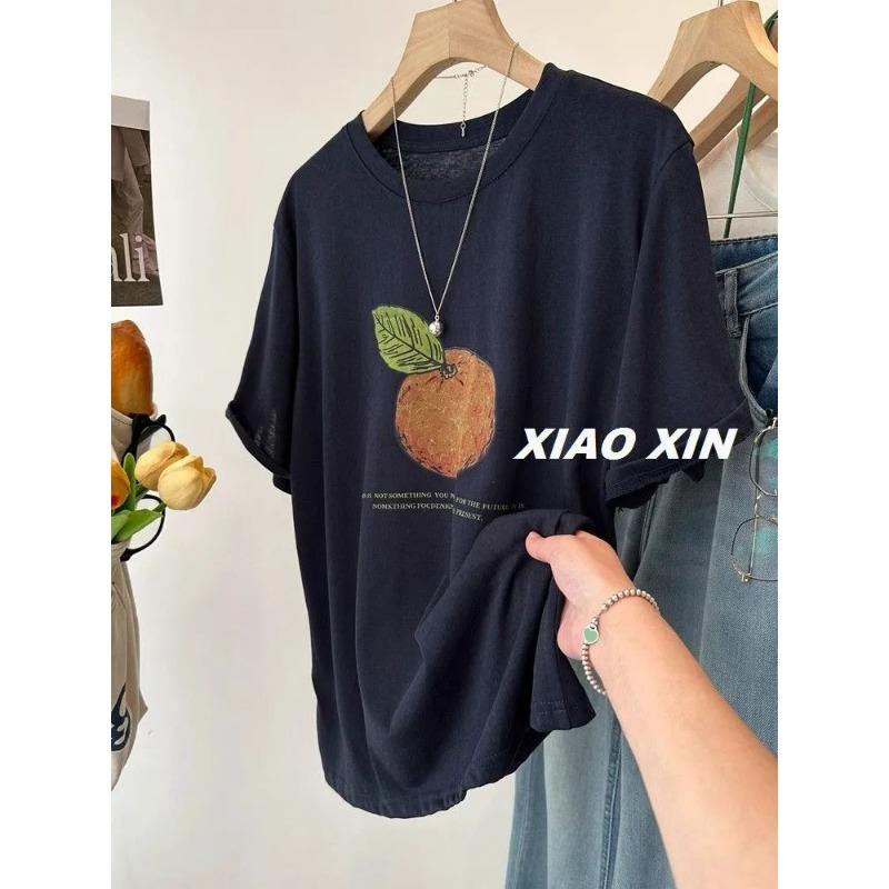 Womens Casual Fruit Print Short Sleeve Loose Round Neck Cotton T Shirt