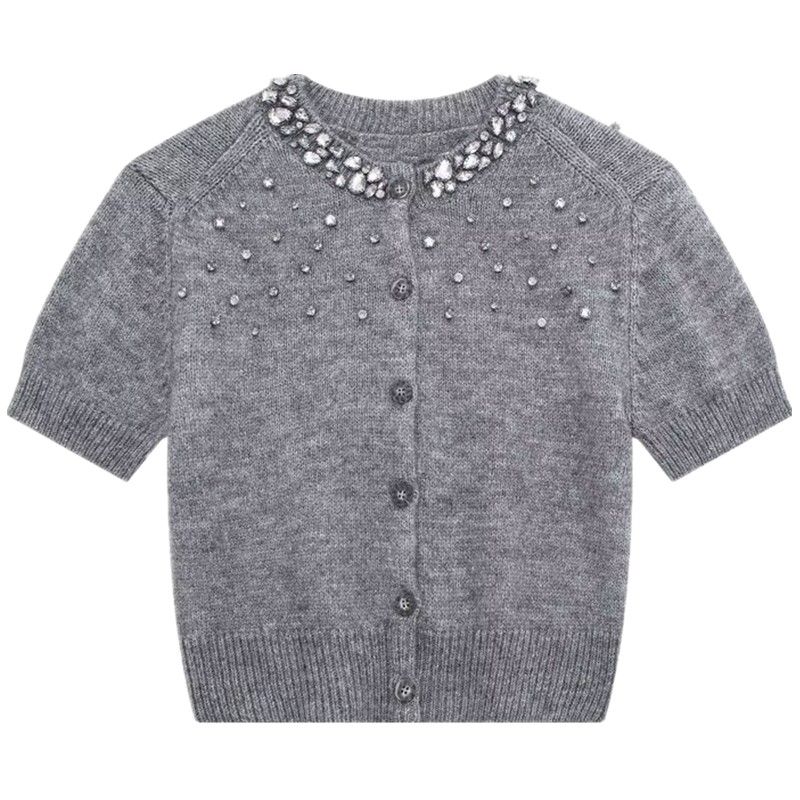 

Fashion Style Spring Rib Knitting Cardigan round Neck Short Sleeve Grey S