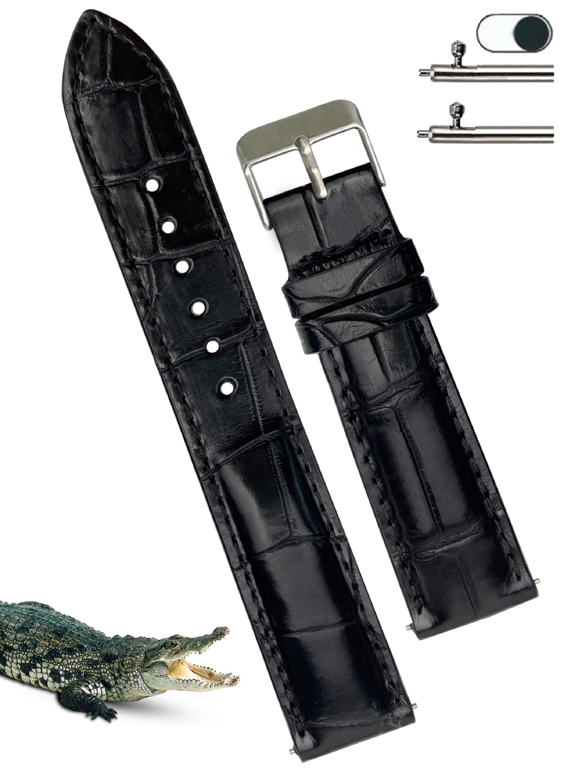 

[vietnamcreations] 21mm Black Crocodile Watch Strap, Quick Release, Replacement Crocodile Leather Watch Band with Wrist Buckle, Handmade, Men s,