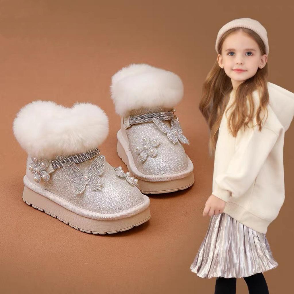 Children's Warm Snow Boots Baby Thick Velvet Crystal Boots Little Girl Thick Cotton Shoes